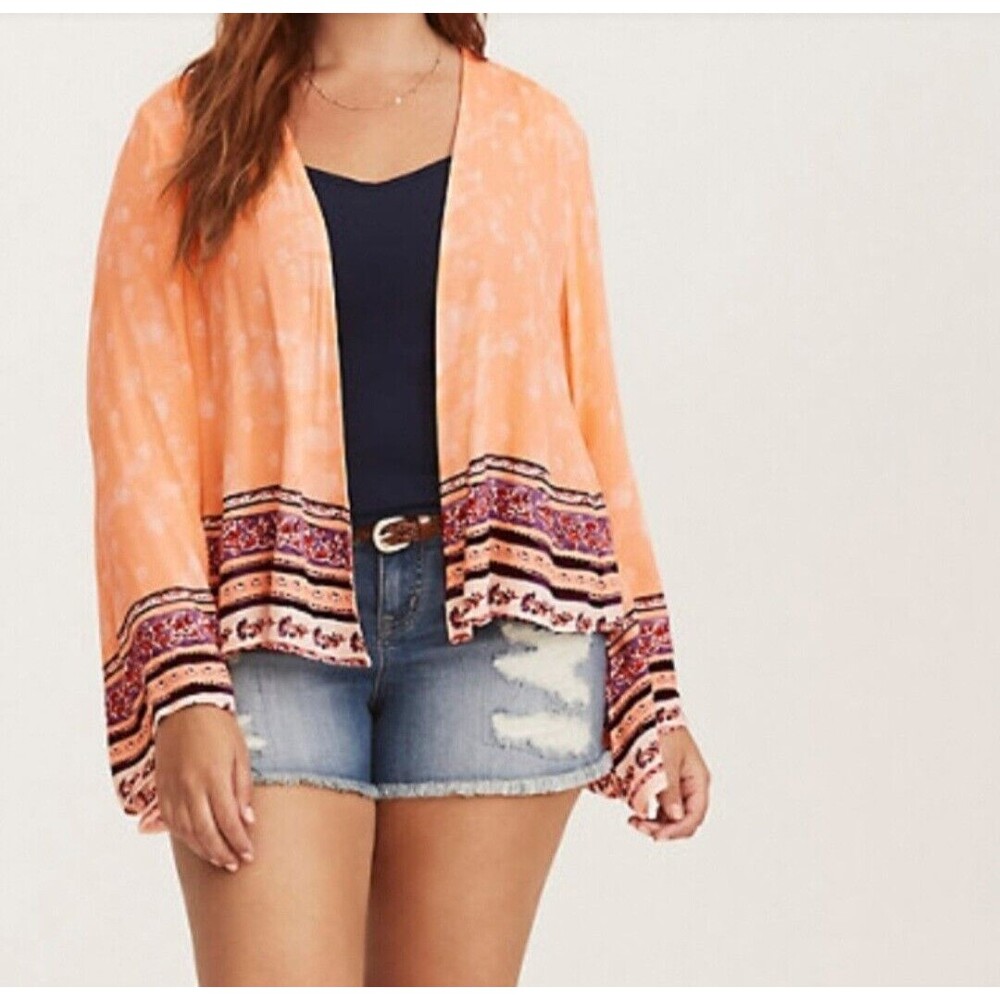 Torrid Womens Border Print Gauzy Kimono Size 1X Peach Tie Dye Bell Sleeve BOHO